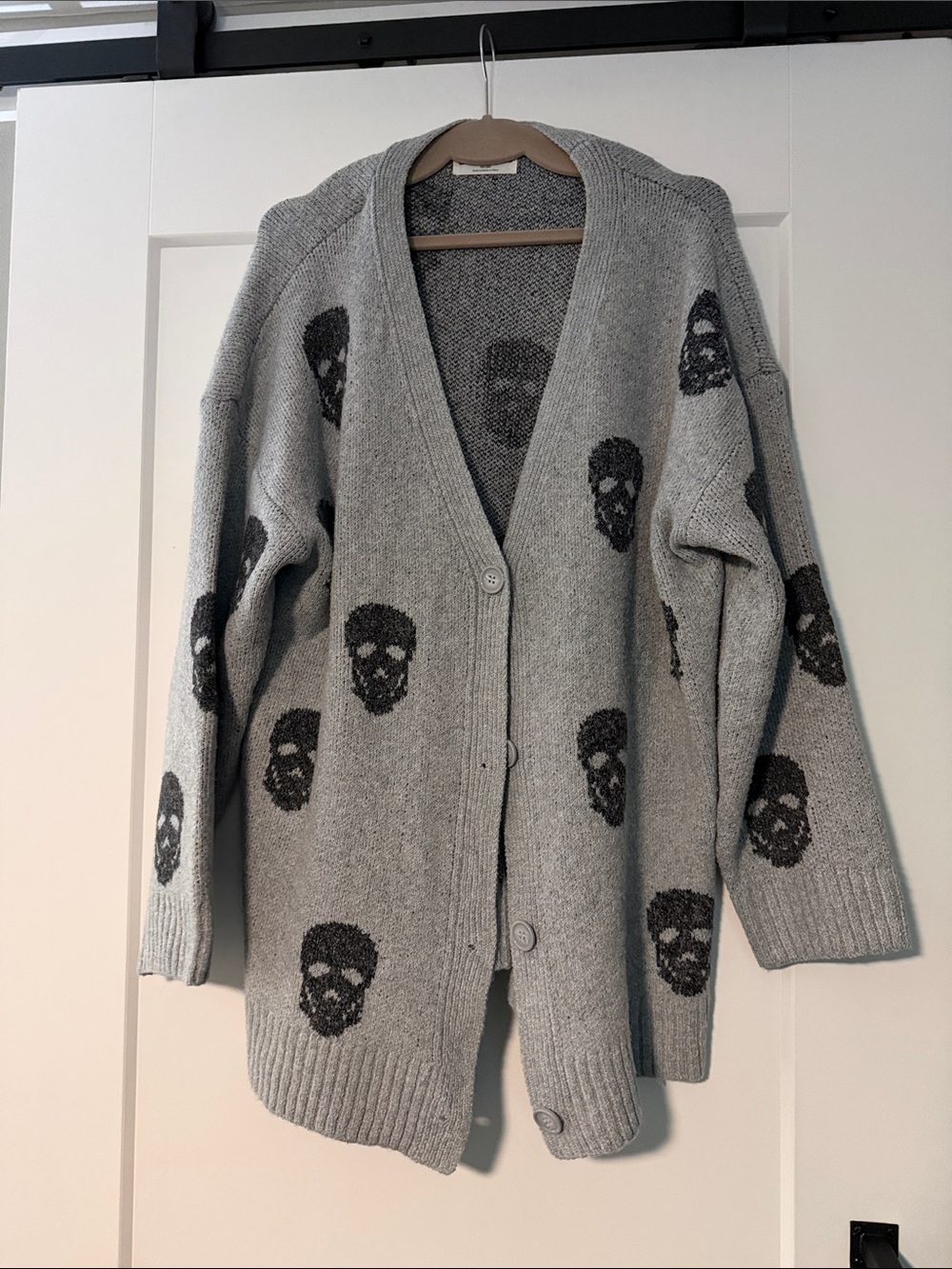 No Boundaries Gray Skull-Print Button Cardigan